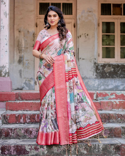 Pure Silk Digitally Printed Saree Weaved With Golden Zari Comes With Tassels - Almaari Fashion