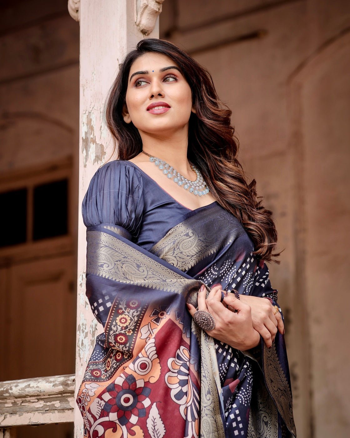 Pure Silk Digitally Printed Saree Weaved With Golden Zari Comes With Tassels - Almaari Fashion