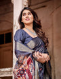 Navy Blue Tussar Silk Saree with Geometric Patterns, Zari Border, and Vibrant Pallu