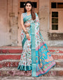 Sky Blue Tussar Silk Saree with Multicolor Floral Design and Zari Paisley Border