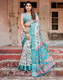 Sky Blue Banarasi Silk Saree with Multicolor Floral Design and Zari Paisley Border