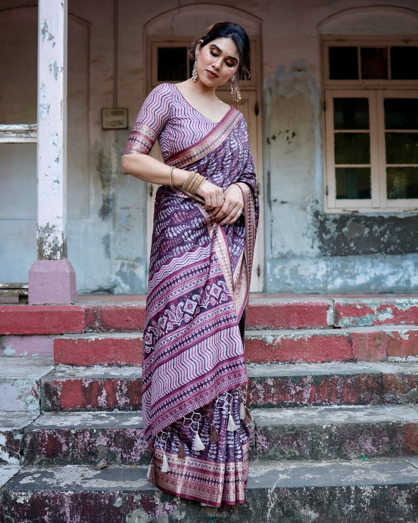 Pure Silk Digitally Printed Saree Weaved With Golden Zari Comes With Tassels - Almaari Fashion