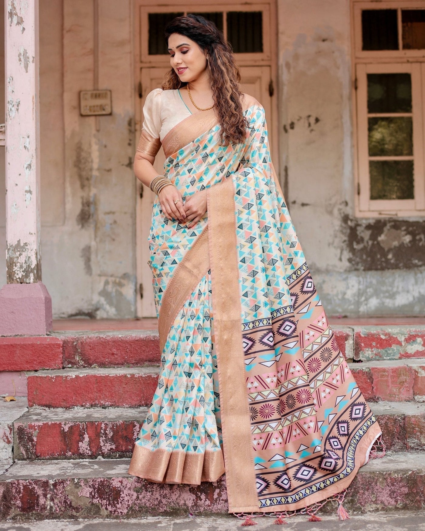 Pure Silk Digitally Printed Saree Weaved With Golden Zari Comes With Tassels - Almaari Fashion