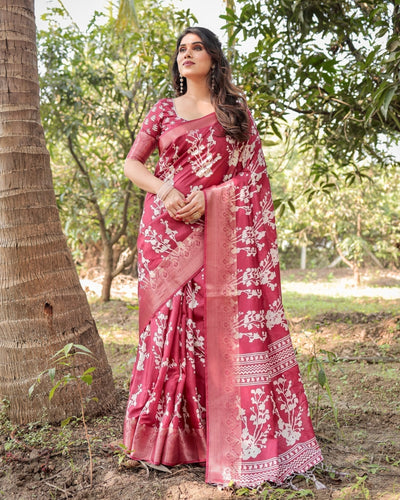 Pure Silk Digitally Printed Saree Weaved With Golden Zari Comes With Tassels - Almaari Fashion