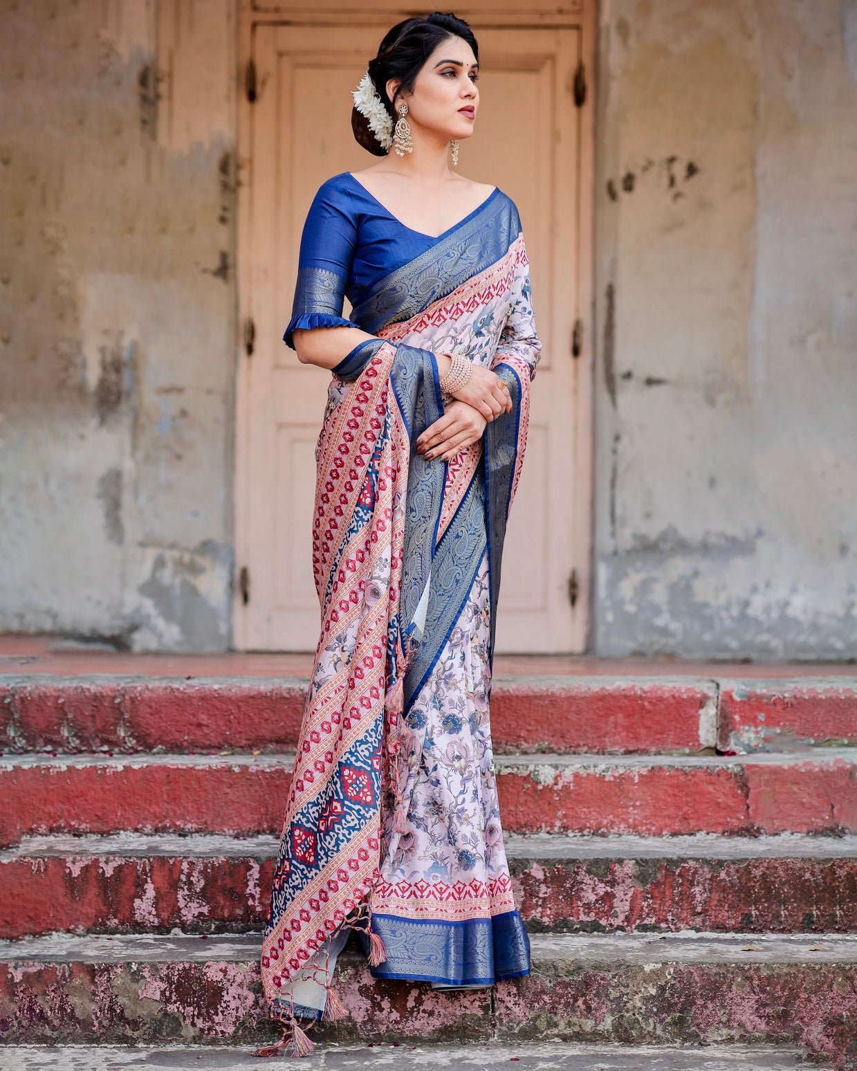 Pure Silk Digitally Printed Saree Weaved With Golden Zari Comes With Tassels - Almaari Fashion