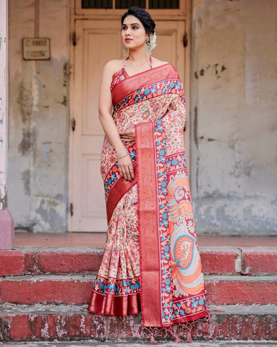 Pure Silk Digitally Printed Saree Weaved With Golden Zari Comes With Tassels - Almaari Fashion