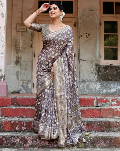 Pure Silk Digitally Printed Saree Weaved With Golden Zari Comes With Tassels - Almaari Fashion