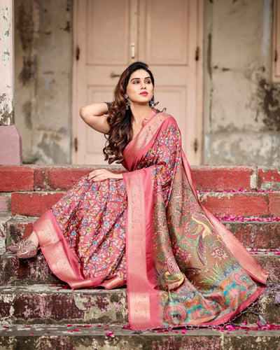 Pure Silk Digitally Printed Saree Weaved With Golden Zari Comes With Tassels - Almaari Fashion