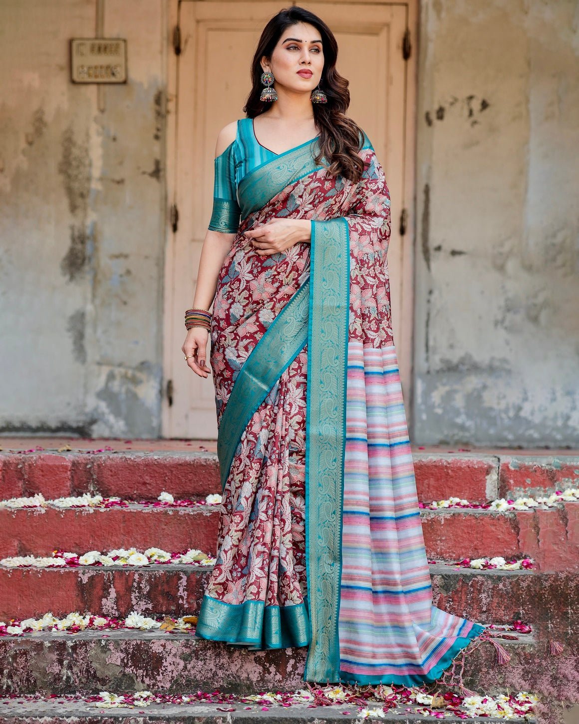 Pure Silk Digitally Printed Saree Weaved With Golden Zari Comes With Tassels - Almaari Fashion