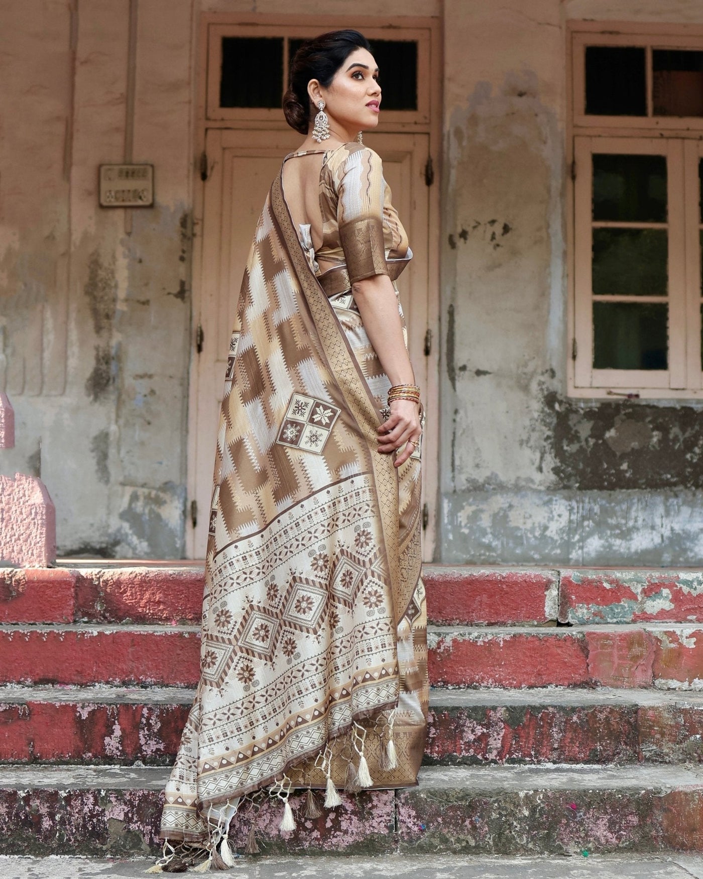 Pure Silk Digitally Printed Saree Weaved With Golden Zari Comes With Tassels - Almaari Fashion