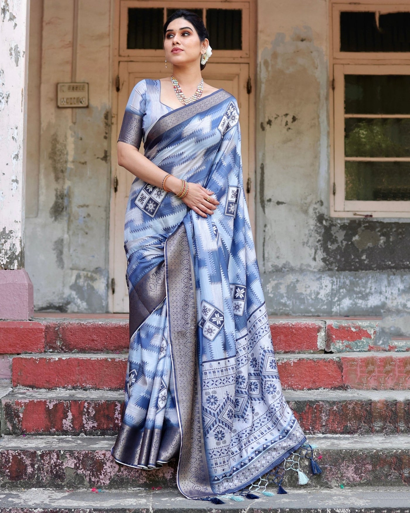 Pure Silk Digitally Printed Saree Weaved With Golden Zari Comes With Tassels - Almaari Fashion