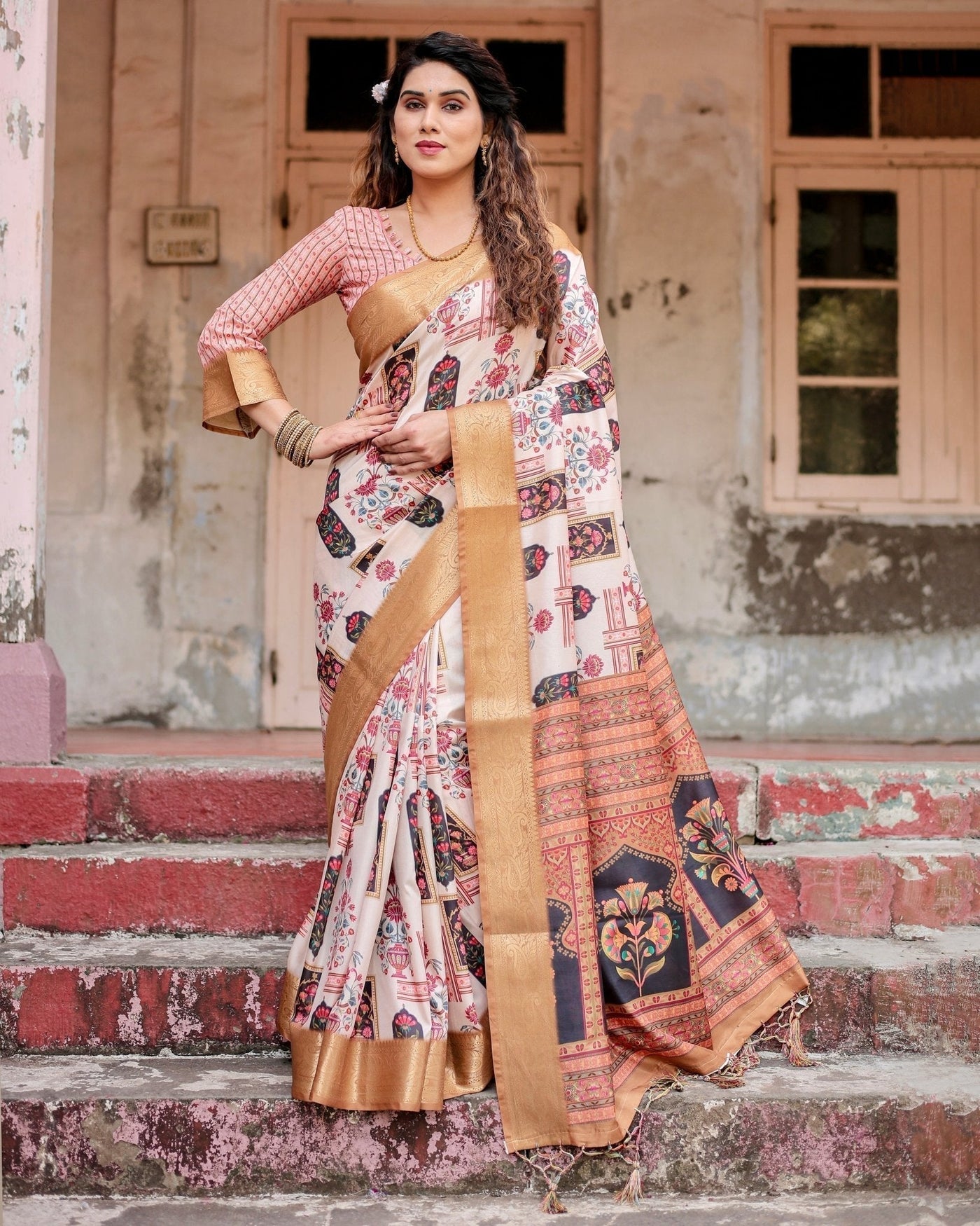 Pure Silk Digitally Printed Saree Weaved With Golden Zari Comes With Tassels - Almaari Fashion