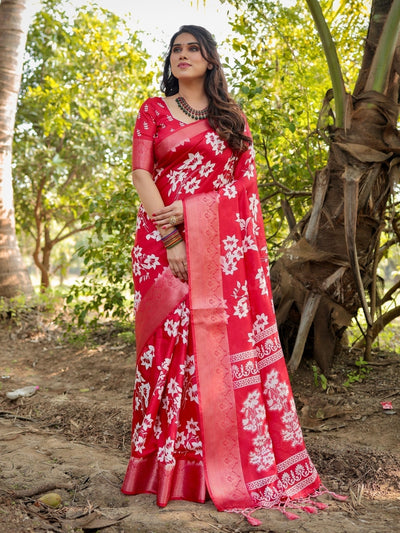 Pure Silk Digitally Printed Saree Weaved With Golden Zari Comes With Tassels - Almaari Fashion