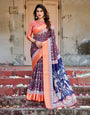 Navy Blue and Peach Tussar Silk Saree with Peacock Motifs and Floral Zari Border