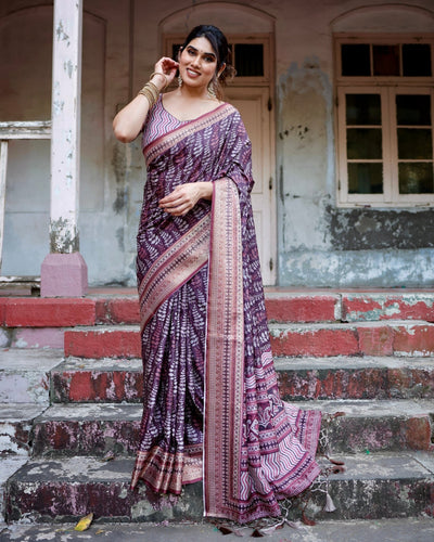 Pure Silk Digitally Printed Saree Weaved With Golden Zari Comes With Tassels - Almaari Fashion