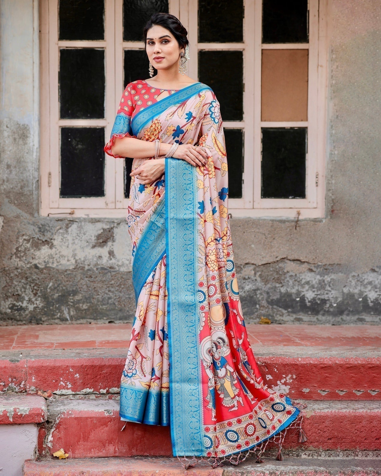 Pure Silk Digitally Printed Saree Weaved With Golden Zari Comes With Tassels - Almaari Fashion