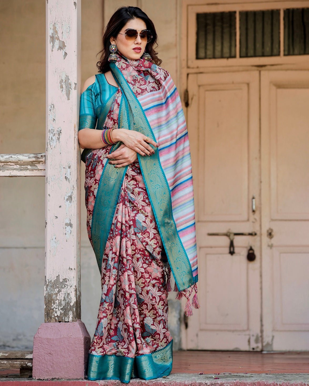 Pure Silk Digitally Printed Saree Weaved With Golden Zari Comes With Tassels - Almaari Fashion