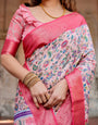 Blush Pink Banarasi Silk Saree with Multicolor Floral Design and Zari Paisley Border