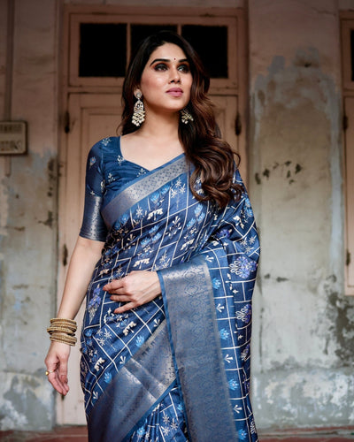 Pure Silk Digitally Printed Saree Weaved With Golden Zari Comes With Tassels - Almaari Fashion