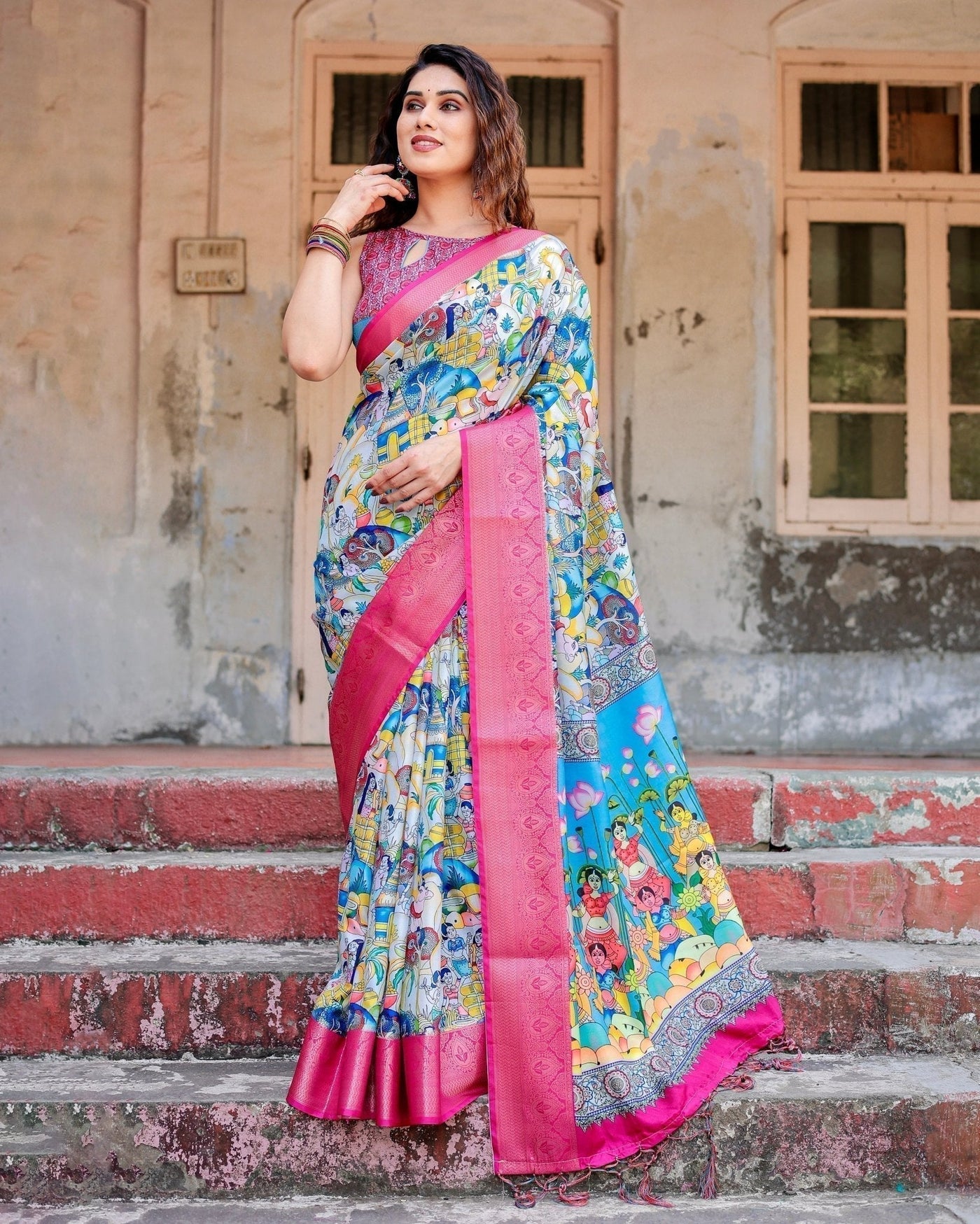 Pure Silk Digitally Printed Saree Weaved With Golden Zari Comes With Tassels - Almaari Fashion