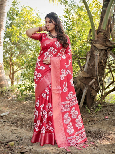 Pure Silk Digitally Printed Saree Weaved With Golden Zari Comes With Tassels - Almaari Fashion