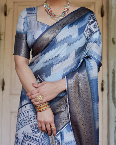 Pure Silk Digitally Printed Saree Weaved With Golden Zari Comes With Tassels - Almaari Fashion