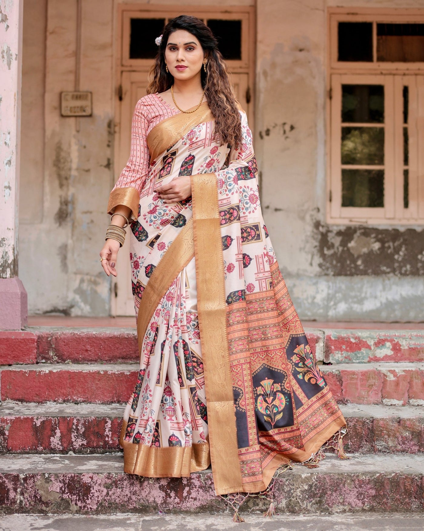 Pure Silk Digitally Printed Saree Weaved With Golden Zari Comes With Tassels - Almaari Fashion