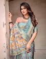 Sky Blue Tussar Silk Saree with Intricate Zari Border and Artistic Pallu Design