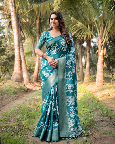 Pure Silk Digitally Printed Saree Weaved With Golden Zari Comes With Tassels - Almaari Fashion