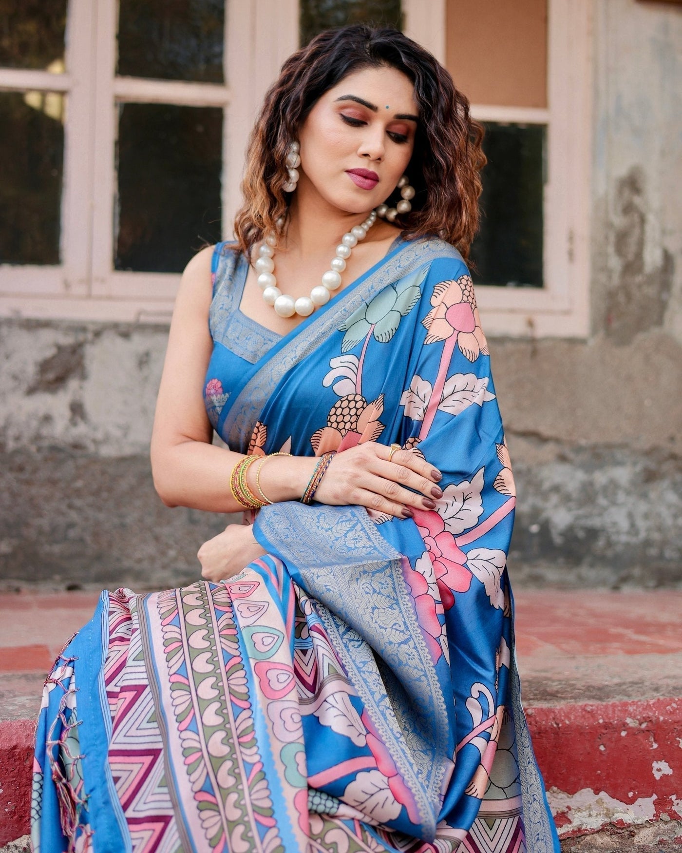 Pure Silk Digitally Printed Saree Weaved With Golden Zari Comes With Tassels - Almaari Fashion