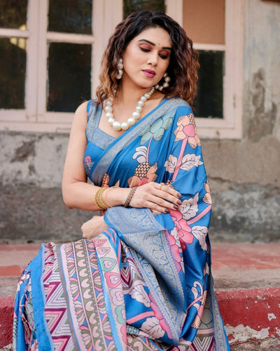 Pure Silk Digitally Printed Saree Weaved With Golden Zari Comes With Tassels - Almaari Fashion