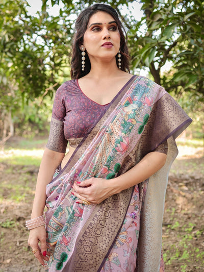 Pure Silk Digitally Printed Saree Weaved With Golden Zari Comes With Tassels - Almaari Fashion