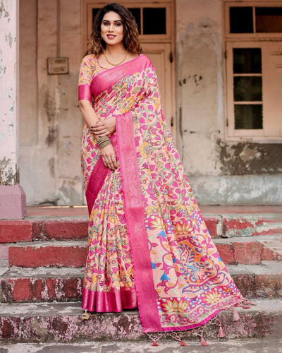 Pure Silk Digitally Printed Saree Weaved With Golden Zari Comes With Tassels - Almaari Fashion