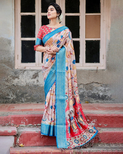 Pure Silk Digitally Printed Saree Weaved With Golden Zari Comes With Tassels - Almaari Fashion