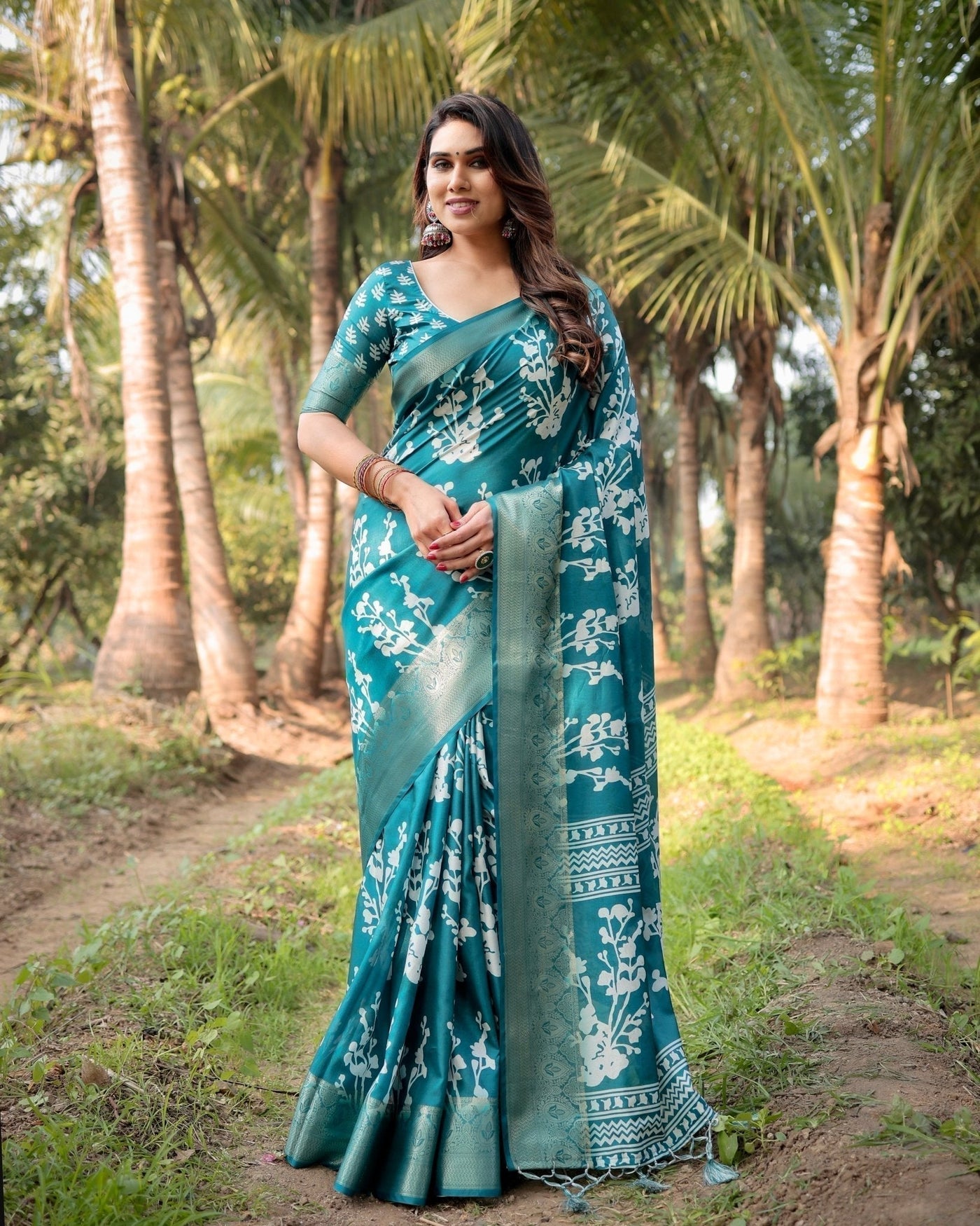 Pure Silk Digitally Printed Saree Weaved With Golden Zari Comes With Tassels - Almaari Fashion