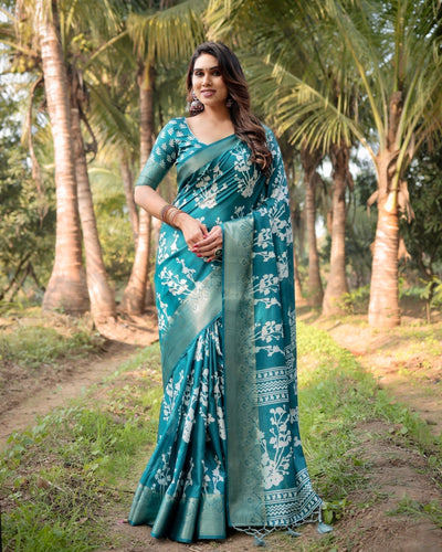 Pure Silk Digitally Printed Saree Weaved With Golden Zari Comes With Tassels - Almaari Fashion