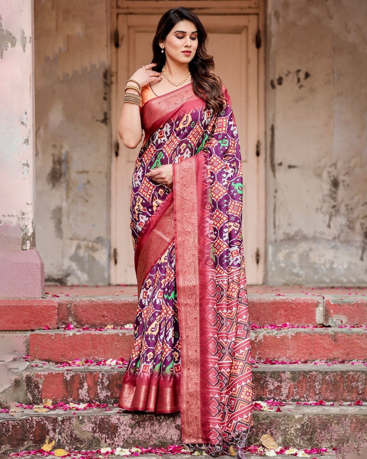 Pure Silk Digitally Printed Saree Weaved With Golden Zari Comes With Tassels - Almaari Fashion