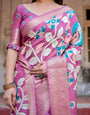 Blush Pink Tussar Silk Saree with Elegant Peacock and Floral Kalamkari Design