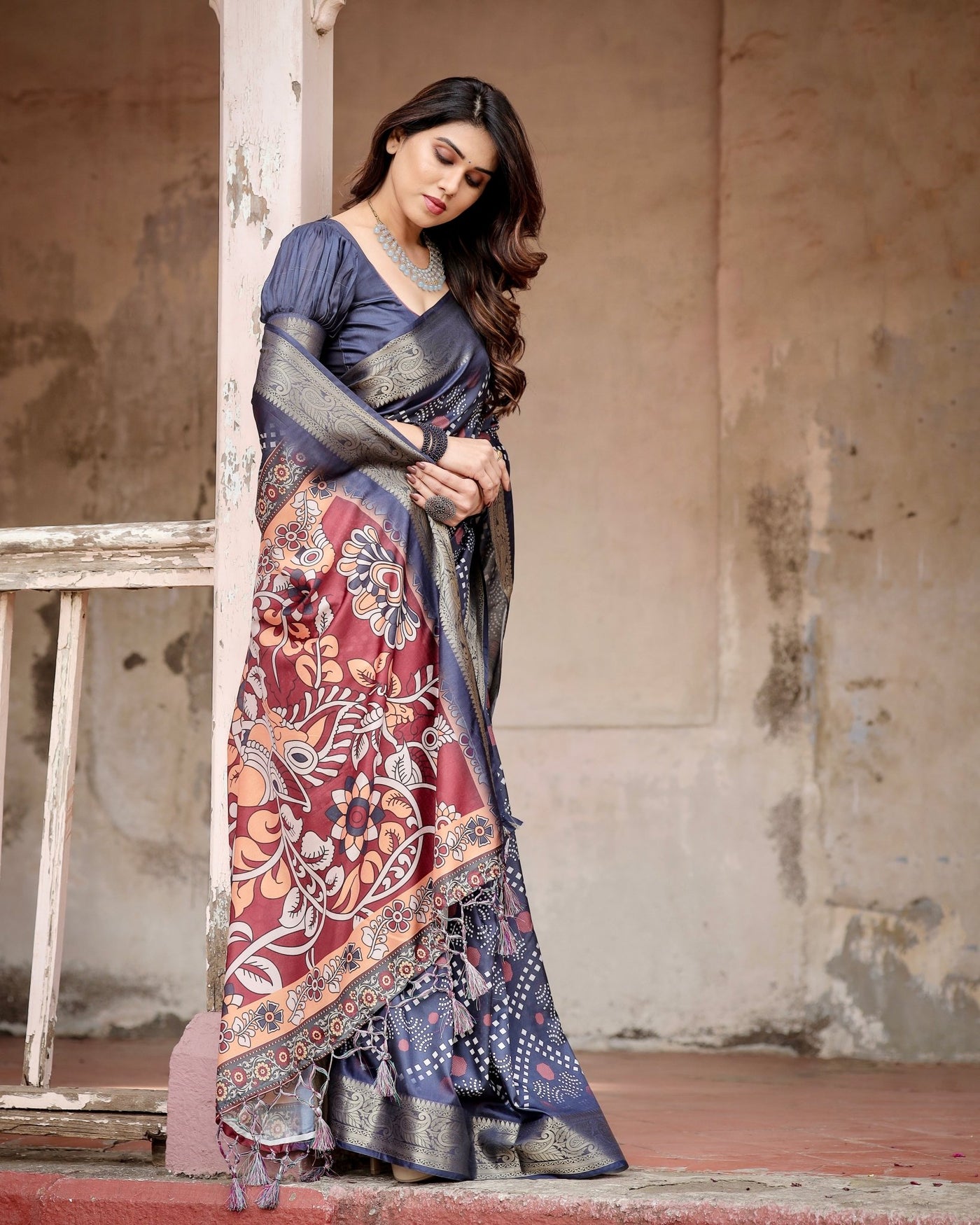 Pure Silk Digitally Printed Saree Weaved With Golden Zari Comes With Tassels - Almaari Fashion