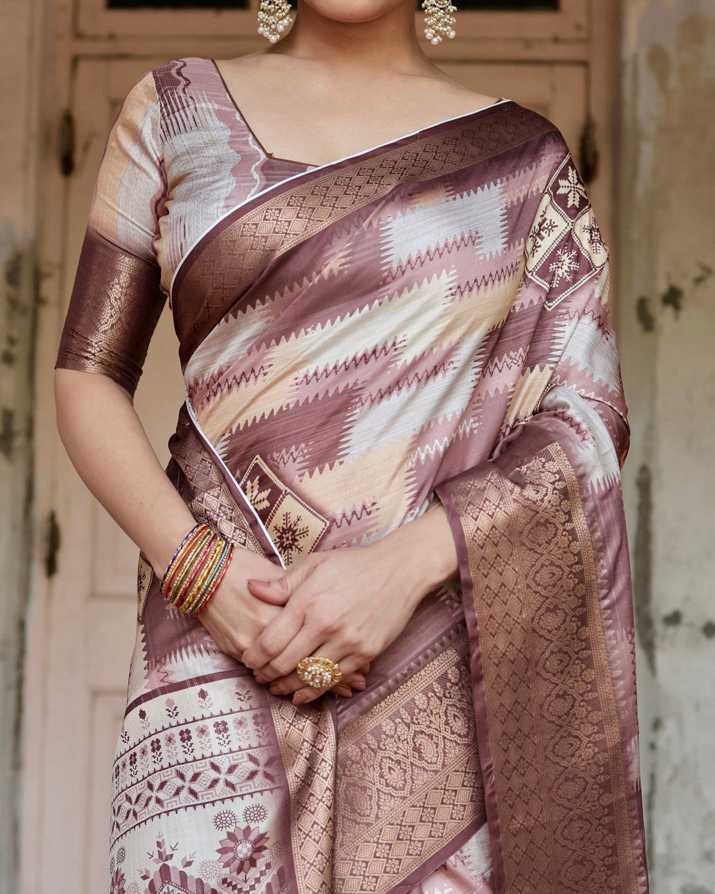 Pure Silk Digitally Printed Saree Weaved With Golden Zari Comes With Tassels - Almaari Fashion