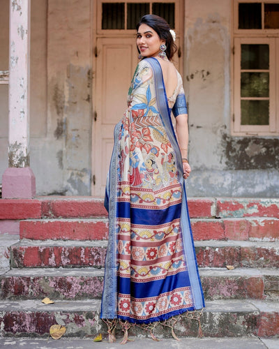 Pure Silk Digitally Printed Saree Weaved With Golden Zari Comes With Tassels - Almaari Fashion