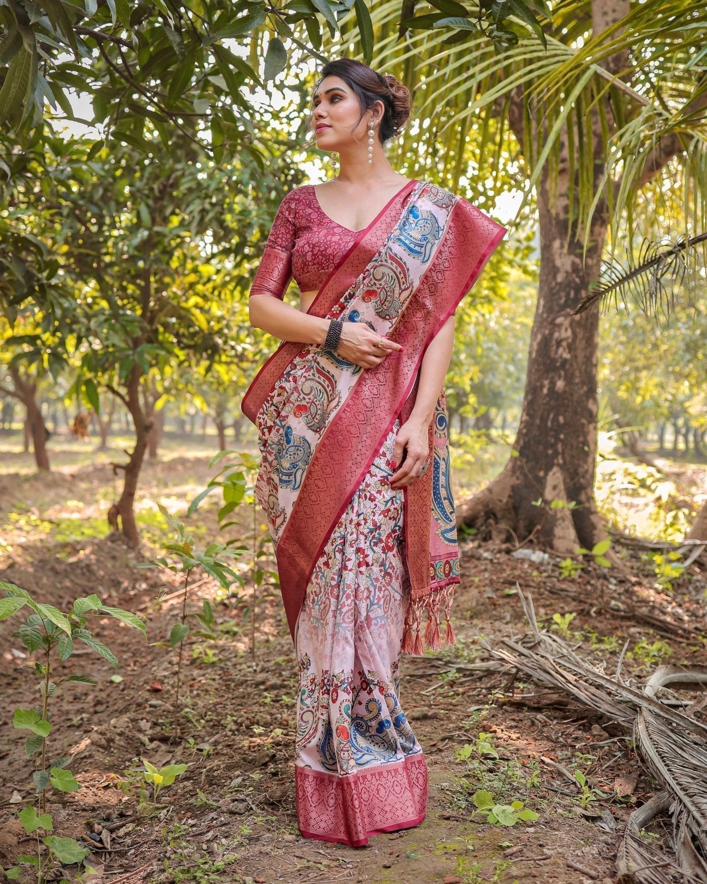 Pure Silk Digitally Printed Saree Weaved With Golden Zari Comes With Tassels - Almaari Fashion