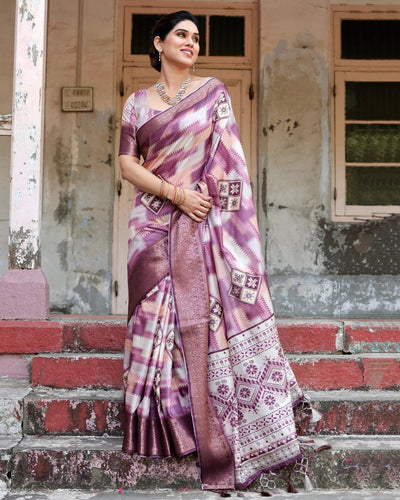 Pure Silk Digitally Printed Saree Weaved With Golden Zari Comes With Tassels - Almaari Fashion