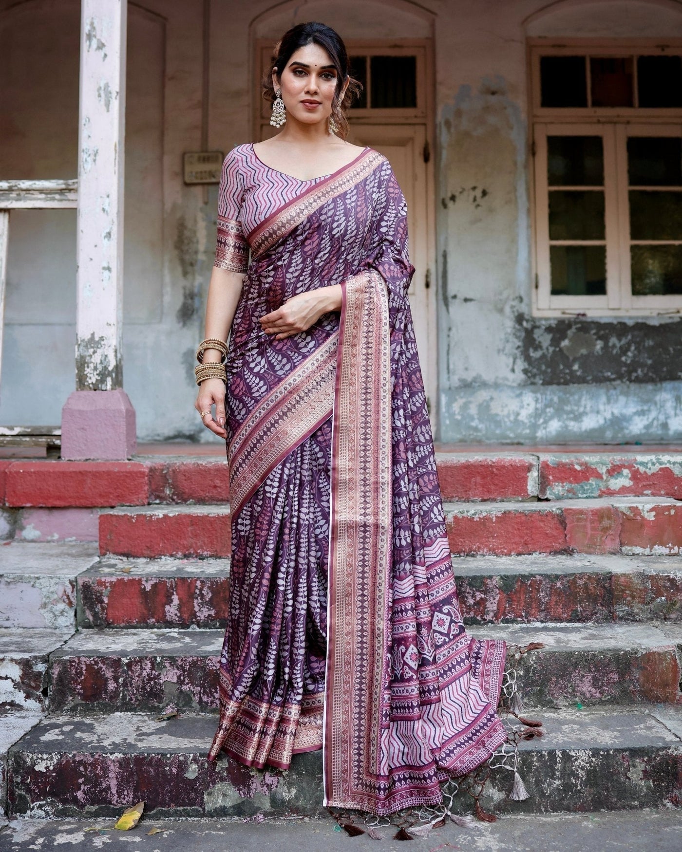 Pure Silk Digitally Printed Saree Weaved With Golden Zari Comes With Tassels - Almaari Fashion