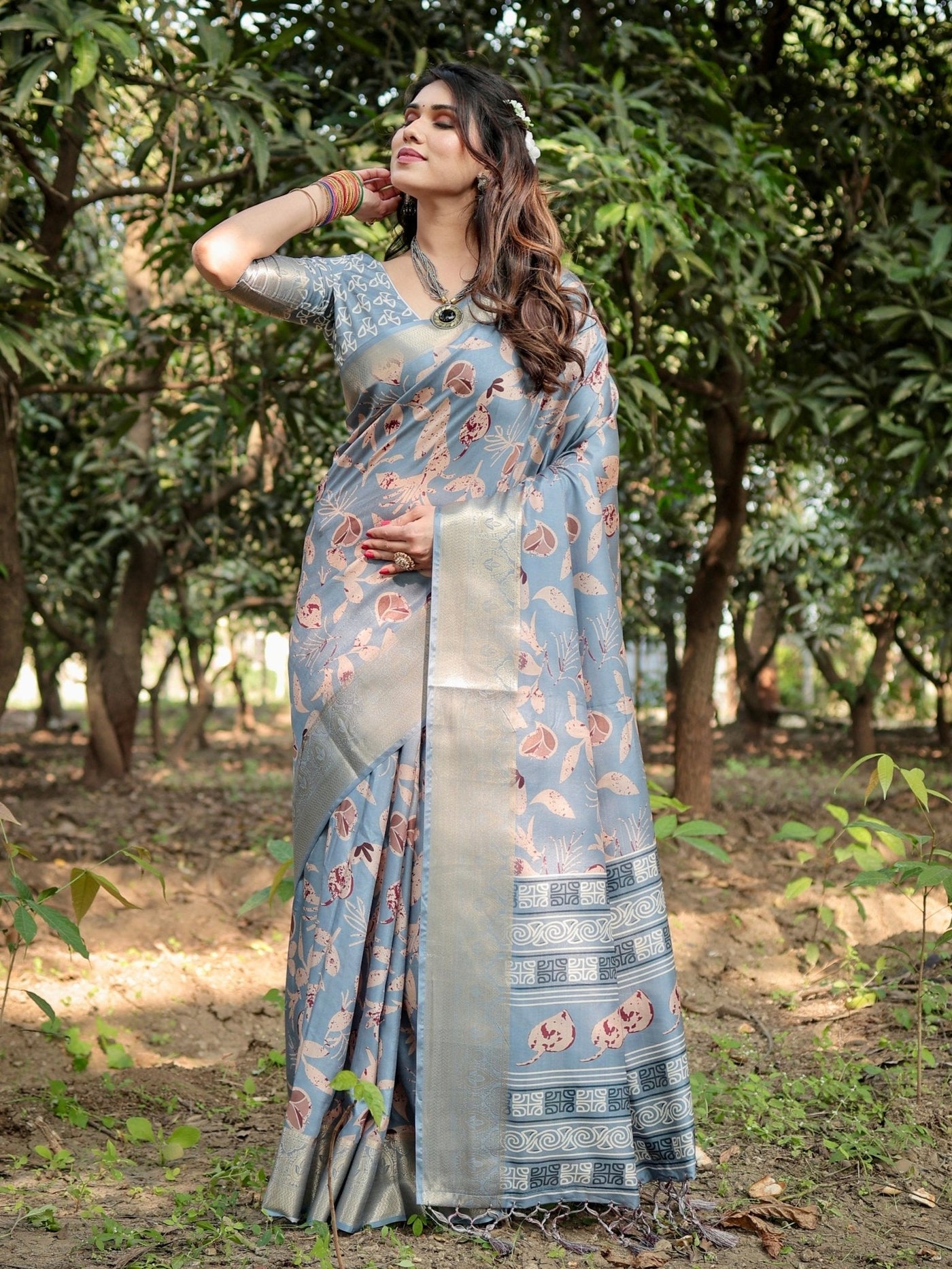 Pure Silk Digitally Printed Saree Weaved With Golden Zari Comes With Tassels - Almaari Fashion