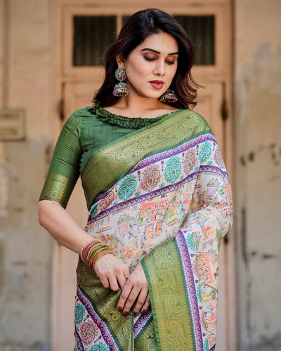 Pure Silk Digitally Printed Saree Weaved With Golden Zari Comes With Tassels - Almaari Fashion