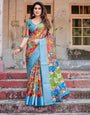 Multicolor Folk Art Inspired Digital Print Tussar Silk Saree with Sky Blue Zari Border