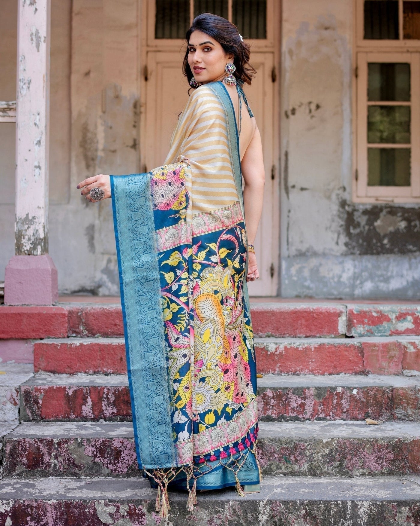 Pure Silk Digitally Printed Saree Weaved With Golden Zari Comes With Tassels - Almaari Fashion