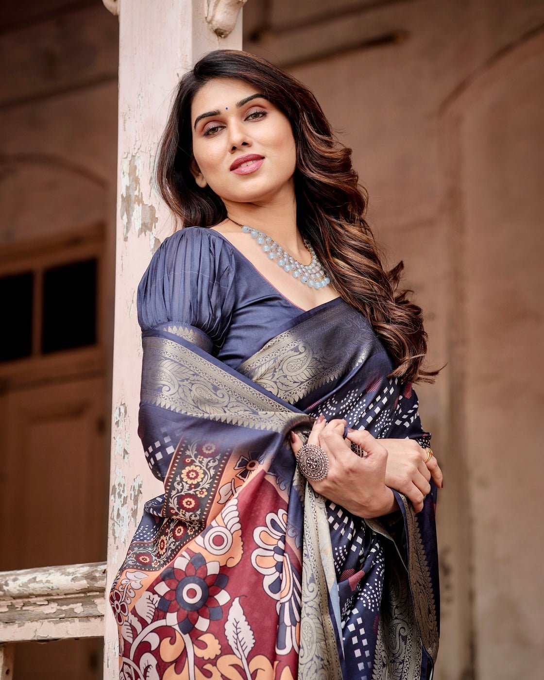 Pure Silk Digitally Printed Saree Weaved With Golden Zari Comes With Tassels - Almaari Fashion