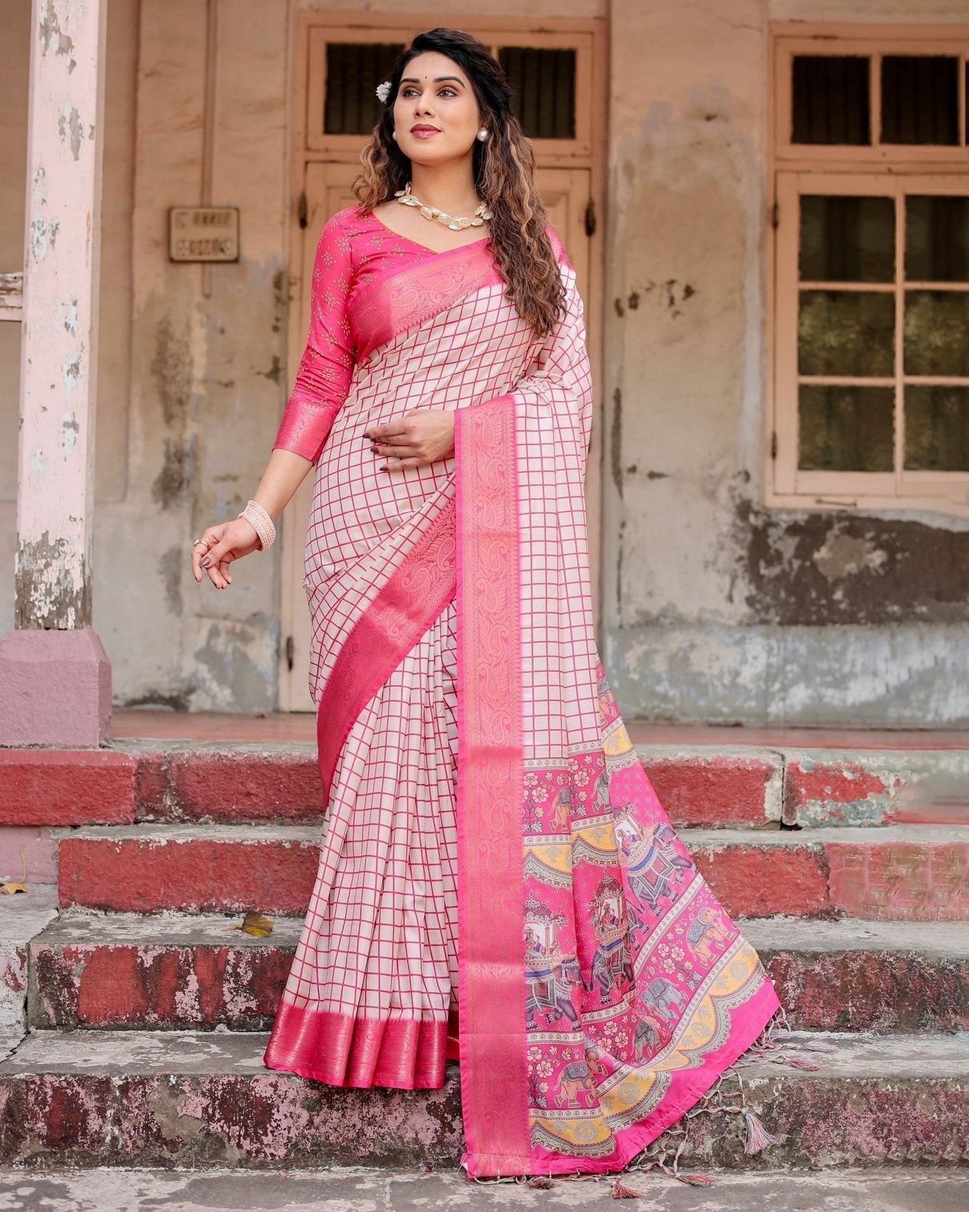 Pure Silk Digitally Printed Saree Weaved With Golden Zari Comes With Tassels - Almaari Fashion